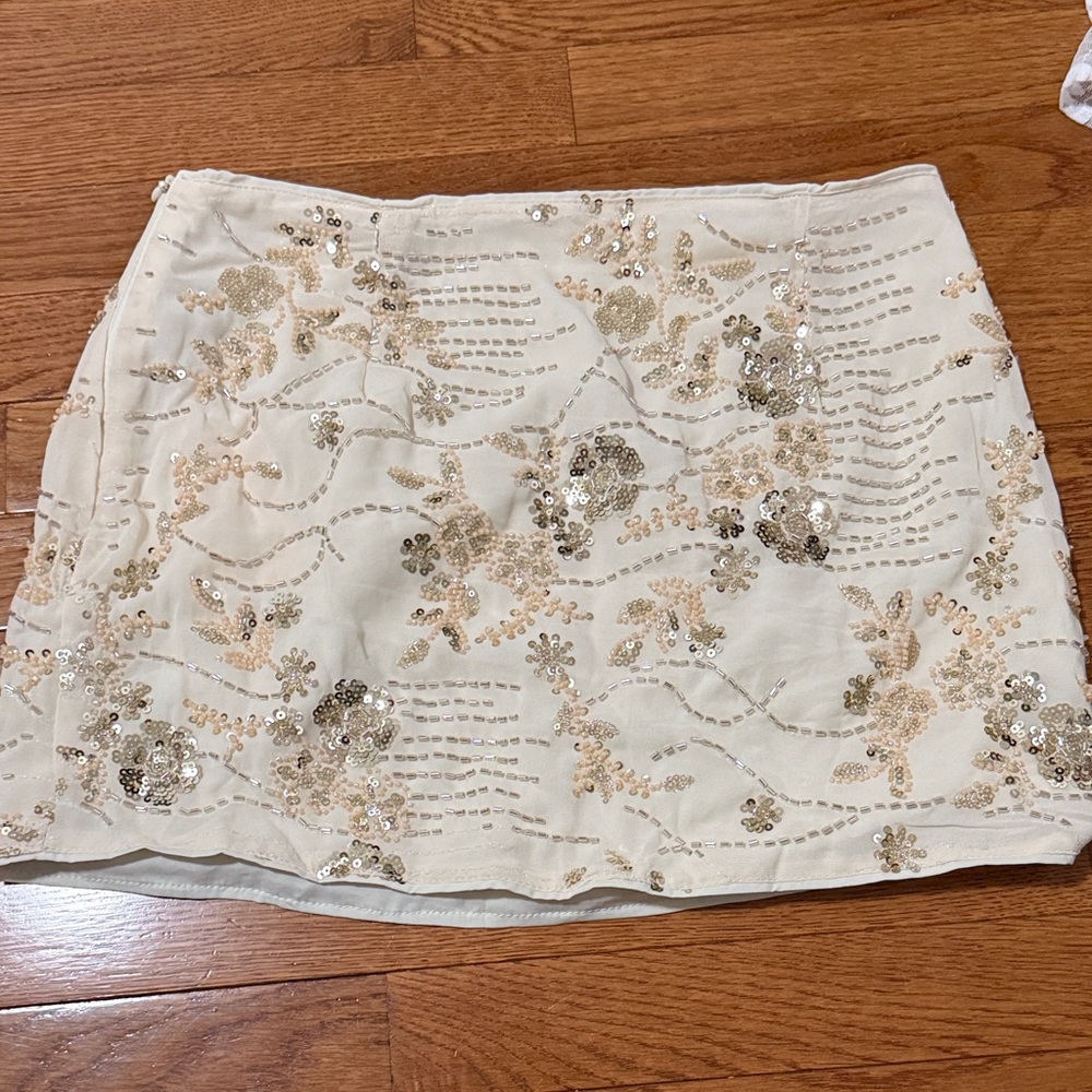 Embellished Cream Sequin Mini Skirt